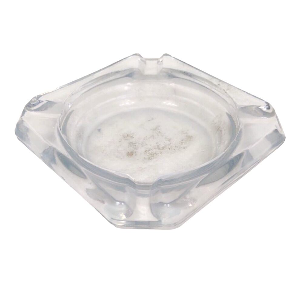 Vintage Art Deco Square Clear Glass Ashtray 3.5" x 3.5" 4 Slot